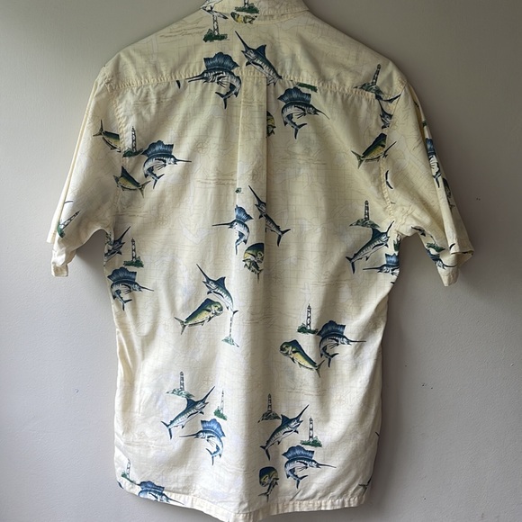 HOOK & TACKLE Swordfish Lighthouse Fishing Nautical Map Button Down Size Medium - Picture 8 of 11